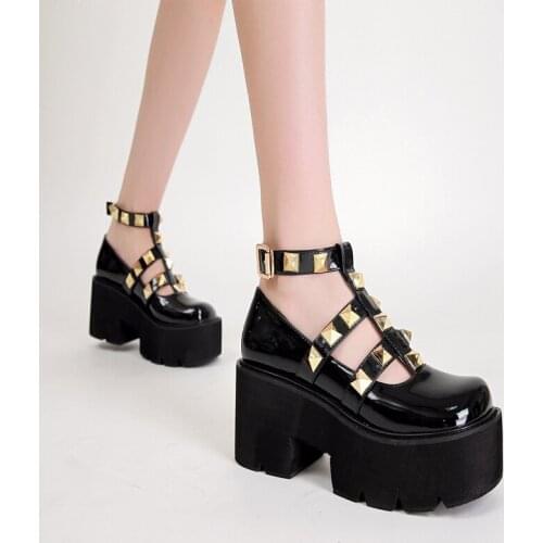 Lolita Shoes punk Buckle Mary Janes Shoes Women Cross-tied Platform Shoes Patent Leather Girls Shoes Rivet Casual Shoes