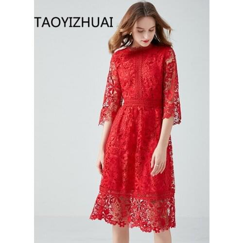 Water soluble lace dress Europe station new red medium length style covering the belly and showing thin hollow out womens skirt