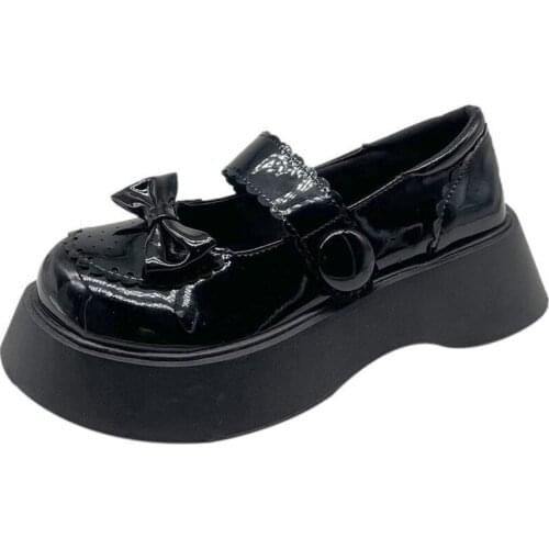 Bright Leather Mary Jane Womens Single Shoes Japanese Thick-Soled Bow Big Head Leather Shoes Girl Cosplay Womens Shoes