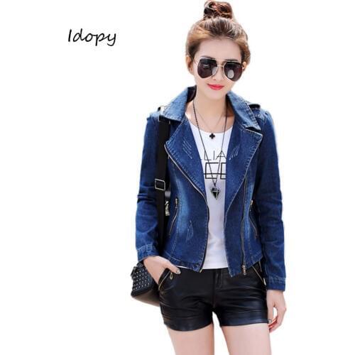 Idopy Womens Vintage Slim Fit Distressed Motorcycle Punk Style Notched Lapel Asymmetric Zipper Biker Jean Denim Jacket Coat Blue