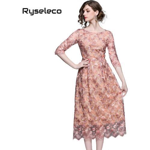 Elegant hollow out lace dresses women 2018 Half sleeve summer style vintage slim sexy party casual mid-calf flare beach vestidos