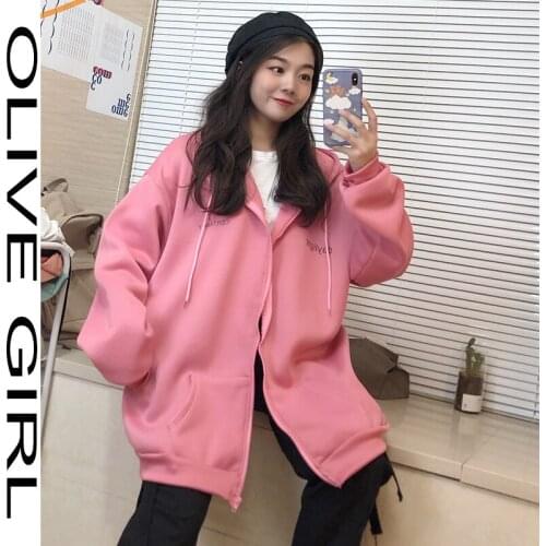 Women Zipper Kangaroo Pocket Harajuku with Hat Hoodies Casual Loose Solid Color Sweatshirt Female Fashion Tops Jogging Femme