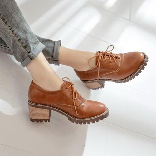 2021 Large Size 43 Brogue Shoes Chunky Heels British Style Fashion Women Shoes Woman Classic Shoelace Female Pumps