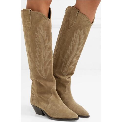 Botines Mujer 2021 Tan Suede Knee-High Long Boots Square Chunky Low Heel Punk Biker Winter Shoes Woman Western Cowboy Boots