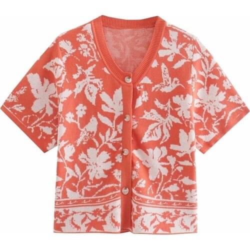 MESTTRAF Women 2021 Fashion Flowers Jacquard Knitted Sweater Vintage Round Neck Short Sleeve Female Cardigan Sweater Streetwear