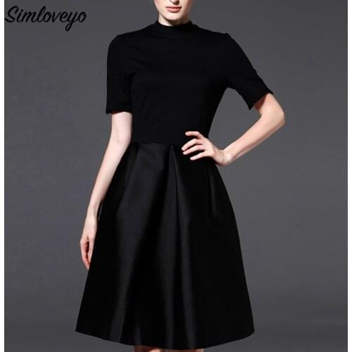 SIMLOVEYO Women Long Sleeve A line Dresses black Autumn Winter official Elegant Quality black pleated knee high waist Dress M016