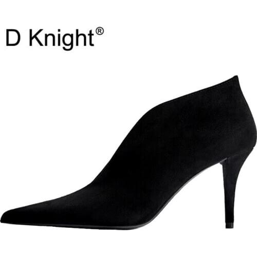 2020 New Fashion Pointed Toe Short Ankle Boots For Woman Sexy V-Mouth Ladies Small Heels Pumps Shoes Slip On High-Heeled Boots