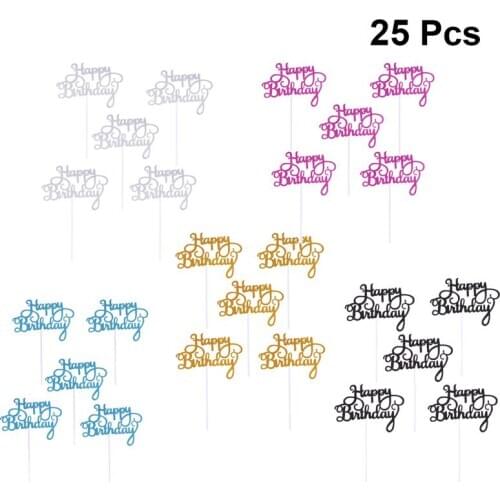 25pcs Happy Birthday Cake Toppers Glittering Cake Picks Cupcake Decor Party (Golden, Silver, Blue, Rosy, Black, 5 of each)