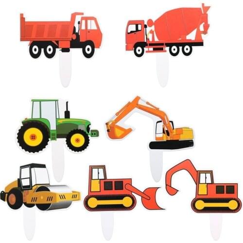7 Pcs/set Kawaii Construction Vehicle Excavator Cake Toppers for Boy`s Happy Birthday Party Childrens Day Cupcake Topper Decors