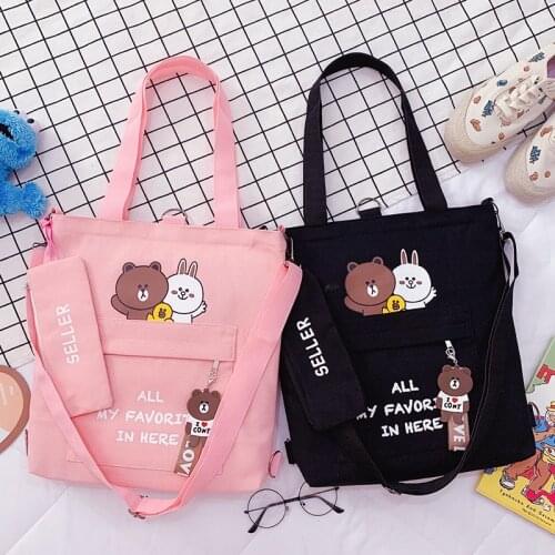 Two Sets Canvas Shopper Bag Female Tote Bag for Women 2021 Girls Kawaii Purse Pencil Case Handbags Casual Shoulder Bag Schoolbag