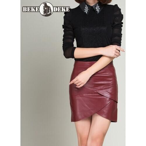 OL Style 100% Genuine Leather Short Skirt 2020 New Fashion Wine Red A-Line Wrap Skirt Streetwear Sheepskin Skirts Plus Size