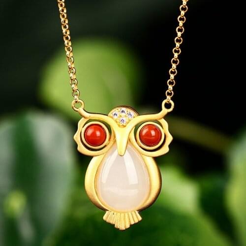 New Silver Natural Hetian Jade Owl Pendant Necklace Chinese style retro unique ancient gold craft womens brand jewelry
