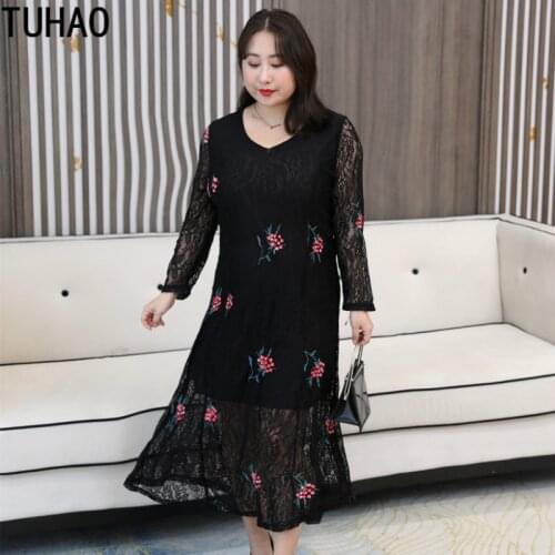 TUHAO Mother Elegant Black Lace Dresses Women Long Sleeve Long Office Lady Party Dress Plus Size 7XL 8XL 6XL Vintage Dress WM68