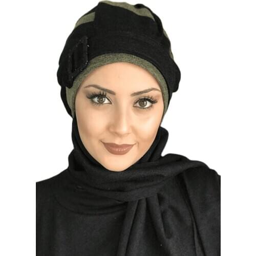 New Fashion 2021 Women Headscarf Scarf Kerchief Hat Bone Hijab Islamic Clothing Black Flower Green Striped Buckle Beret Shawl