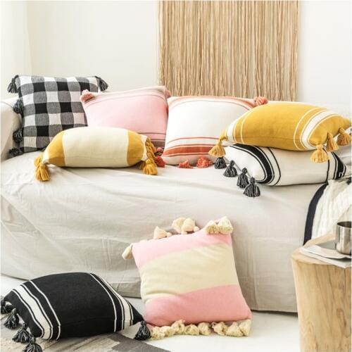 Striped Knitted Cushion Cover Pink Yellow Nordic Style Pillow Case With Tassle For Sofa Bed Room Home Decorative 45*45cm/30x50cm