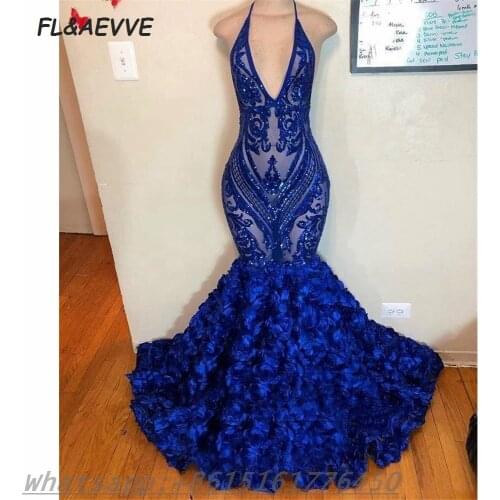 Real Picture Evening Dress Royal Blue 2021 Mermaid Vintage Lace V Neck South African Floor Length Evening Prom Party Gowns