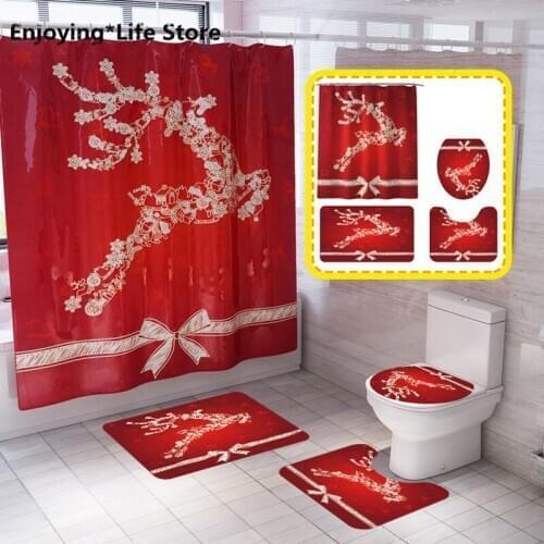 Christmas Deer Printed Shower Curtain Carpet Mat Combination Bathroom Toilet Mat Bathroom Curtain Set Bathroom Rug Set
