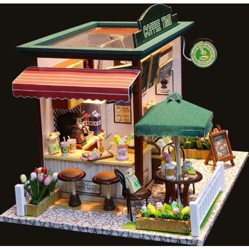 DIY Assembly Miniature LED Coffee Store Doll House Model Kids Toy Home Decor Tabletop Ornaments Crafts Valentine Birthday Gift