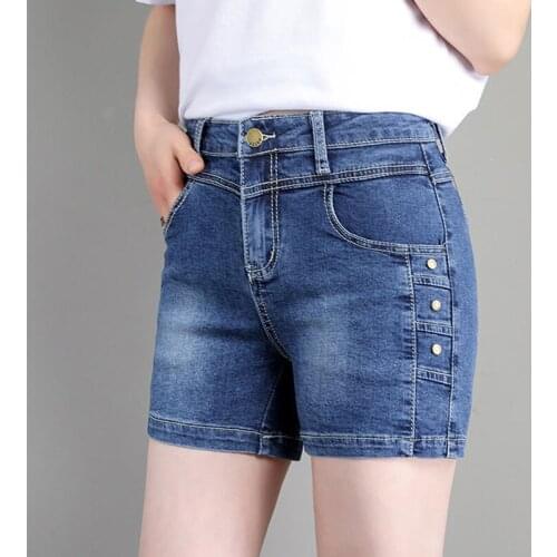 Women Sexy Super Shorts Summer Fashion Denim Cotton Rivets Splicing Elastic Ladies Skinny Shorts Jeans