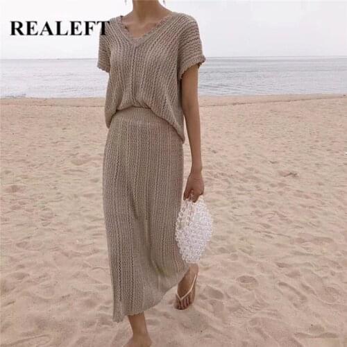 REALEFT 2021 New Summer Bohemian Womens Skirt Suits Knitting Crochet Shirts & Chic Straight Long Skirts Women Suit Female Sets
