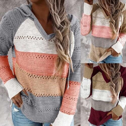 Casual Women Autumn Long Sleeve Stripe Patchwork Knitted Pullover Hooded Sweater
