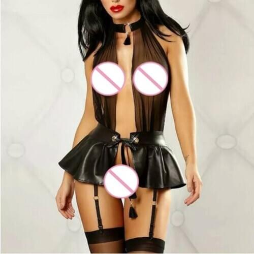 Women Erotic Sexy Latex Dress Mesh Lingerie Faux Leather Bare Breast Backless Gauze Suspender Skirt See Through Cloth Cosplay