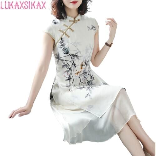 2021 New Women Summer Dress High Quality Mulberry Silk Dress Chinese Style Retro Print Improved Cheongsam Dress