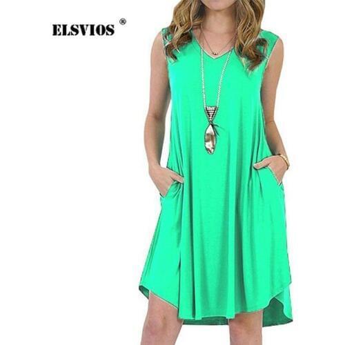 ELSVIOS 5XL Women Sexy V-Neck Loose beach dress 2019 summer Casual Solid Sleeveless Pocket Dress mini dress Ladies party Dresses