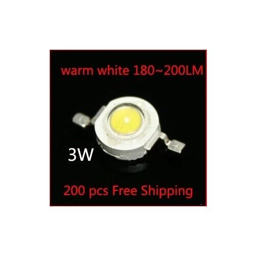 200PCS 3W High power led Source warm white 2800-3500K 700mA DC3.00-3.8V 180-200LM Lamp beads Factory wholesale Free Shipping