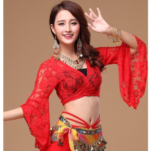 2016 Hot Sale Bellydance Belly Dance Skirt Fashion Indian Clothing Trumpet Sleeve Clothes Top Rose Flower Lace Long-sleeve S02