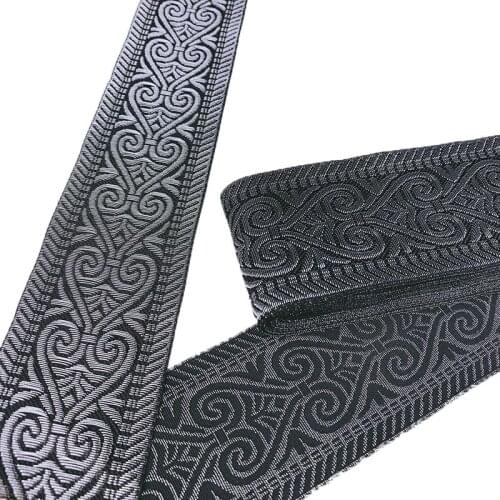 7 Yards 5CM Woven Jacquard Ribbon Embroidery Webbing Vintage Ethnic Lace SIlver Black Geometric Pattern For Curtain Clothing