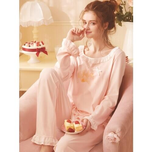Free Shipping 2020 Rose New Autumn Princess Womens Pajamas Long Pants Pink White Sleepwear Sweet Nightshirt Cotton Nightgown
