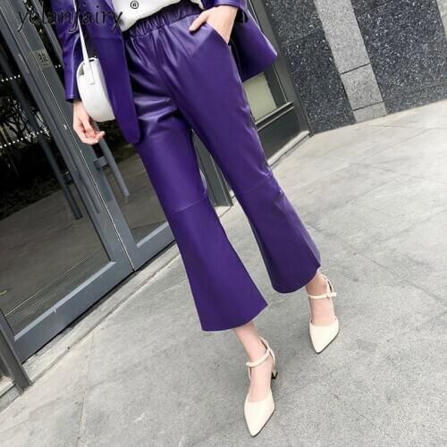 Genuine Sheepskin Leather Pants for Women Fashion Korean Female Flare Pants Spring Autumn 2021 Womens Trousers Ropa Para Mujer