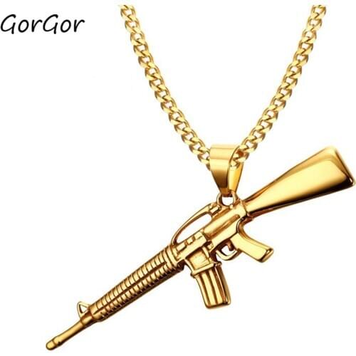 GorGor Trendy Classic Military Fans Machine Gun Submachine Gun Titanium Steel Gold Long Pendant Necklace for Fashion Men PN-555