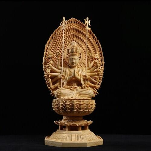 Cypress Wood 28cm Thousand Hand Guanyin Sculpture Buddhist Temple Worship Solid Wood Buddha Statue Home Decor