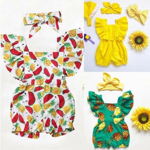 2019 Summer Newborn Kid Baby Girl Cotton Romper Ruffle Sleeve Watermelon Pineapple Jumpsuit Outfits with Headband Casual Sunsuit