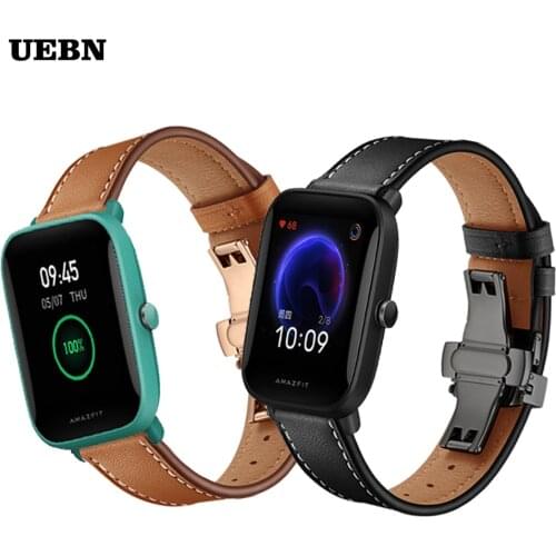 UEBN Butterfly clasp Leather strap for Huami Amazfit Bip U Bracelet for Amazfit GTS 2 GTR 42mm Watchbands Correa ремешок