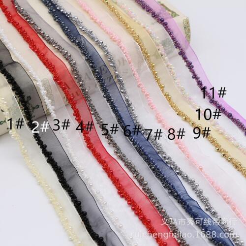 10Yards Red Blue Beading Pearl Trims Beaded Ribbon For Sewing Clothing Collar Headdress Hair Accessories Gauze Lace Decoration
