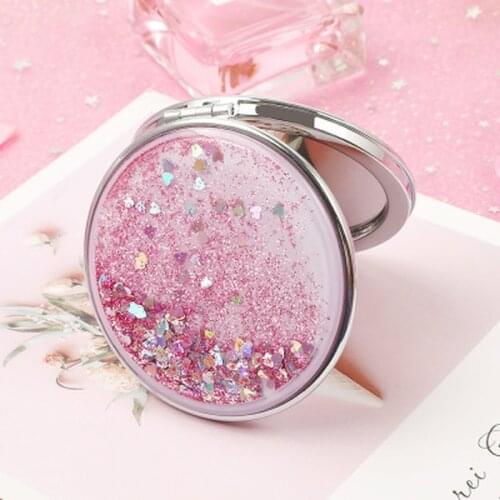 Fashion 2-Face Mini Pocket Makeup Mirror Creative Cosmetic Compact Mirrors with Flowing Sparkling Sand Can Wholesale Lettering