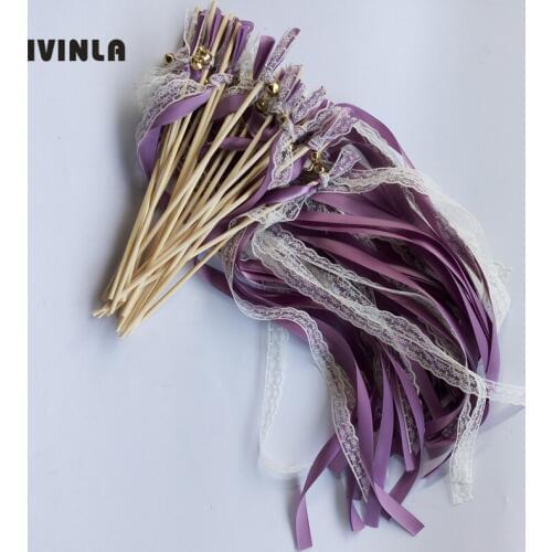Newest 50pcs/lot Purple lace wedding ribbon wands with Gold Bells for wedding party