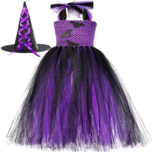 Girls Halloween Tutu Dress Purple & Black With Hat Sparkle Tulle Bat Witch Cosplay Costume For Kids Fancy Carnival Party Dresses
