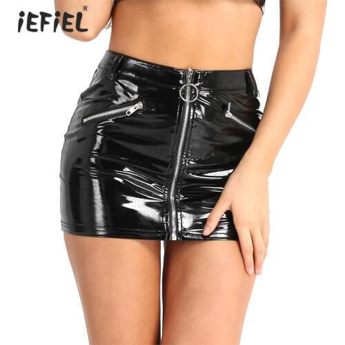 2020 Sexy Womens Shiny Pencil Skirt Clubwear Wetlook Faux Leather Exotic Skirts Costume Nightwear Fake Zipper Bodycon Mini Skirt