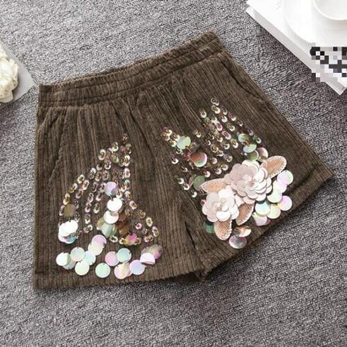 Fall Winter Fashion Women Female Designer Glitter Wide Leg Black Corduroy Shorts , Autumn Beading Elastic Waist Shorts For Woman
