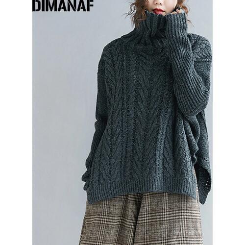 DIMANAF Women Sweater Winter Knitting Wool Thick Oversize Turtleneck Female Lady Basic Pullovers Striped Casual Clothing 2021