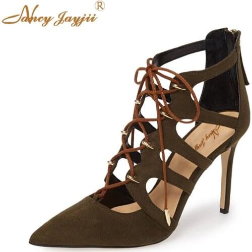 Women Shoes Lady Pumps Flock Solid Ankle Strap Lace-Up Cross-Tied Zipper Super High thin heel Cover Elegant Fashion Novelty 2019
