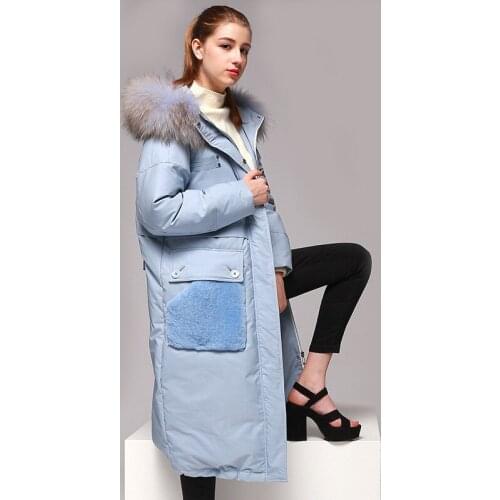 2020 European Winter White Duck Down Jacket Women Long Ladies Down Coat Racoon Fur Collar Pink Parka Veste Femme KJ733