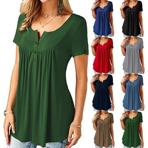 Summer Women T-Shirt Tops Short Sleeve Button V Neck Ladies Tshirt Tee Shirt Solid Color Female T-Shirt T Shirt D25