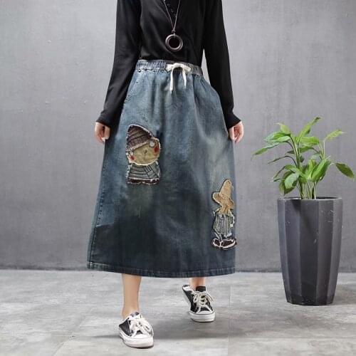 Retro Vintage Embroidery Elastic Waist Denim Skirt Female A-Line Casual Skirt Plus Size Cartoon Character Print Jeans Saia 12571