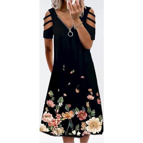 Women Summer Dresses Dress Floral Print V Neck Female Hollow Sleeve Zipper Gradient Color Plus Size Midi Dress