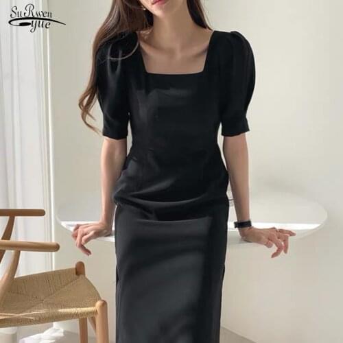 Casual Vintage Square Collar Dress 2021 Summer Mermaid Long Dress for Women High Waist Apricot Black Women Dresses Robe 14701